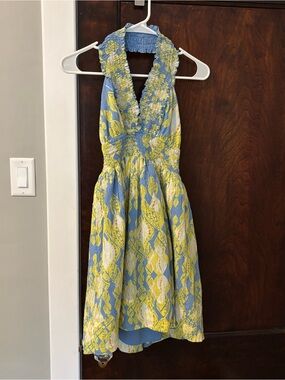 BCBGeneration Dress Small Backless Halter Cotton Lined Blue Green Summer Party